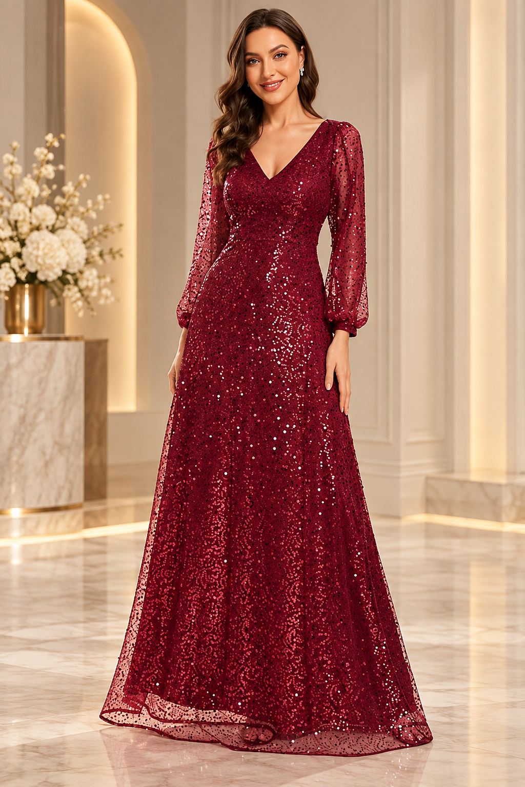 Burgundy V-neck sequin A-line evening gown with sheer long sleeves
