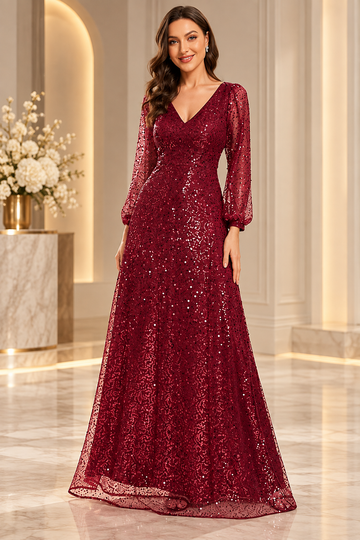 Burgundy V-neck sequin A-line evening gown with sheer long sleeves