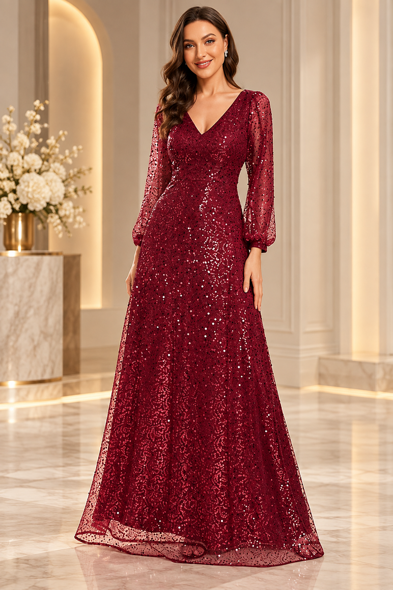 Burgundy V-neck sequin A-line evening gown with sheer long sleeves
