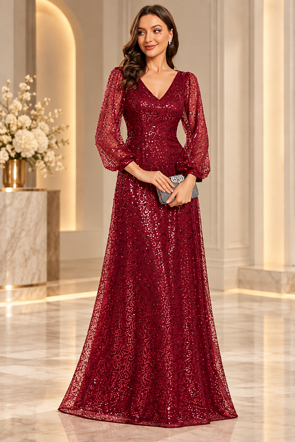 Burgundy sequin evening gown with V-neckline, defined waist and sheer long sleeves