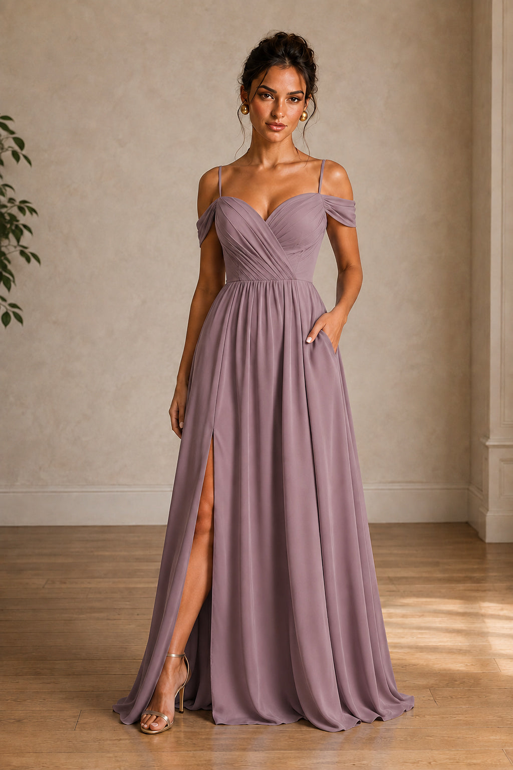 Off-Shoulder Ruched A-Line Evening Gown with Slit