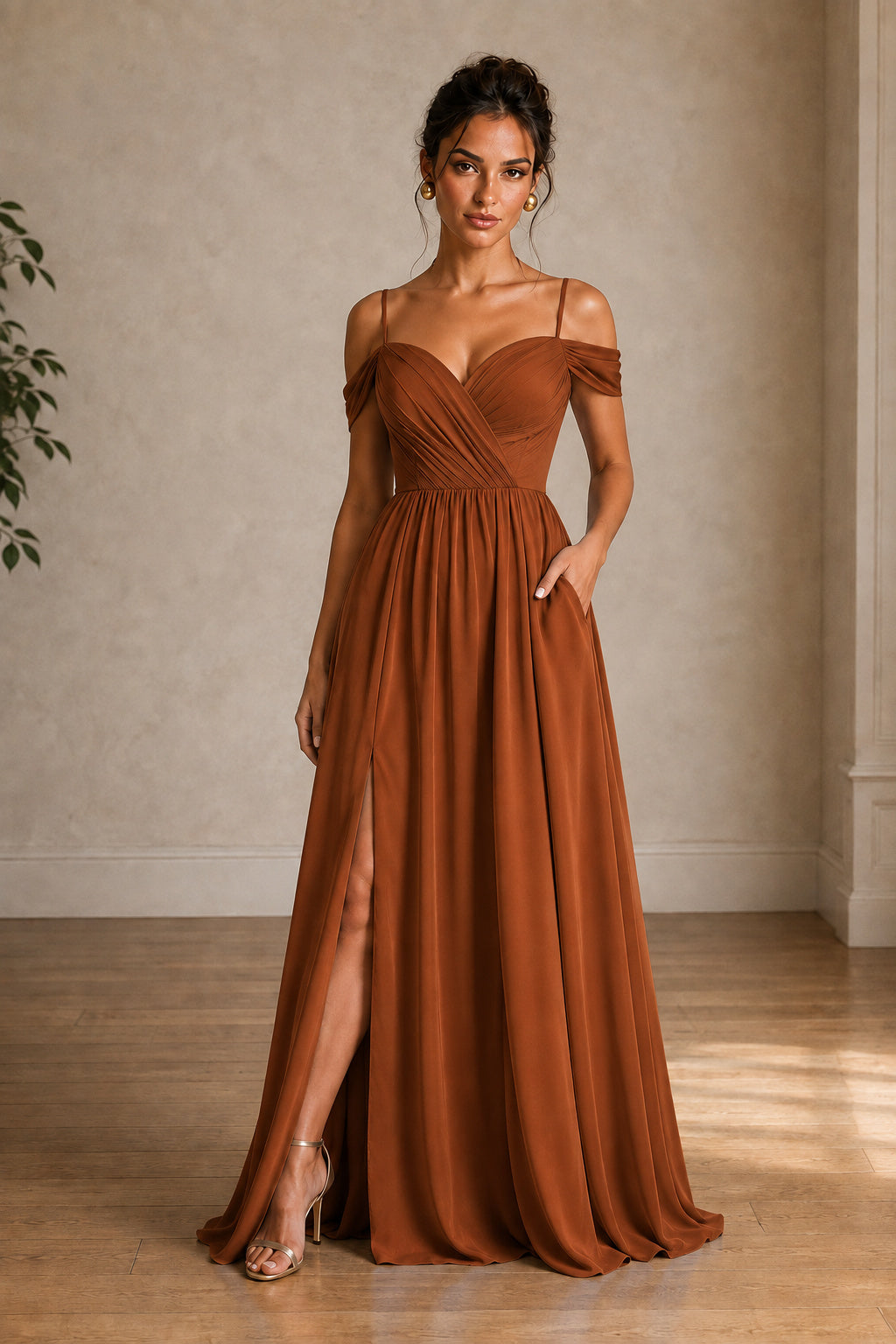 Off-Shoulder Ruched A-Line Evening Gown with Slit