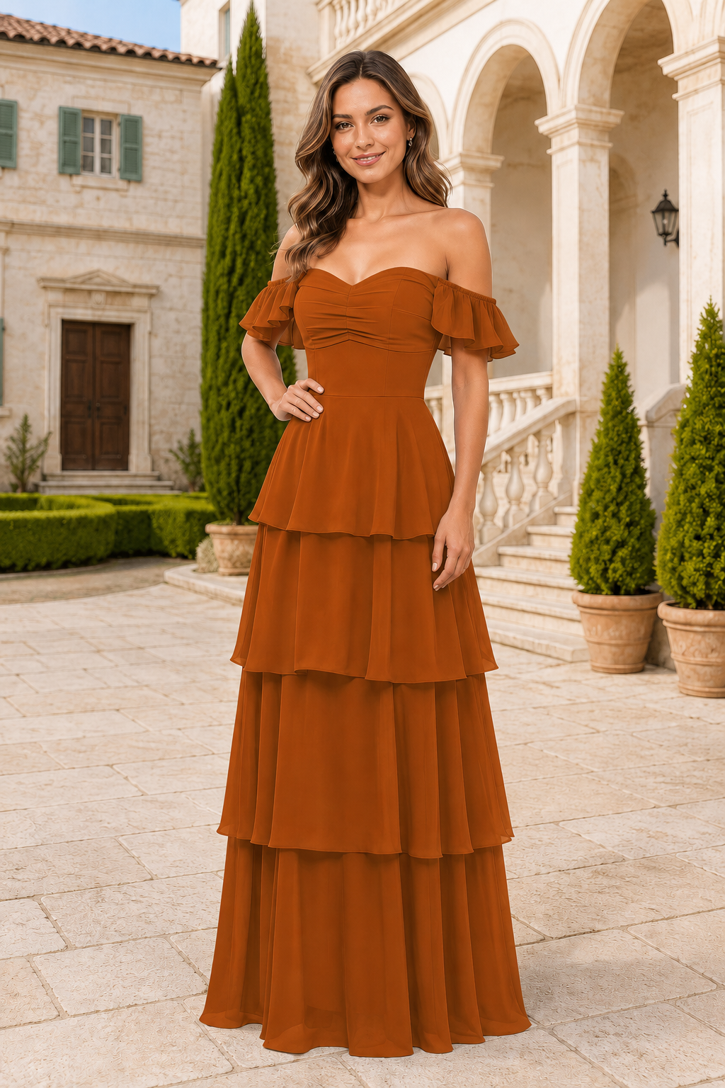 Ruffle-Sleeve Tiered Floor-Length Formal Gown