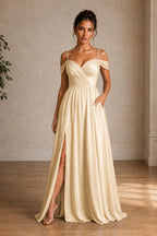 Off-Shoulder Ruched A-Line Evening Gown with Slit
