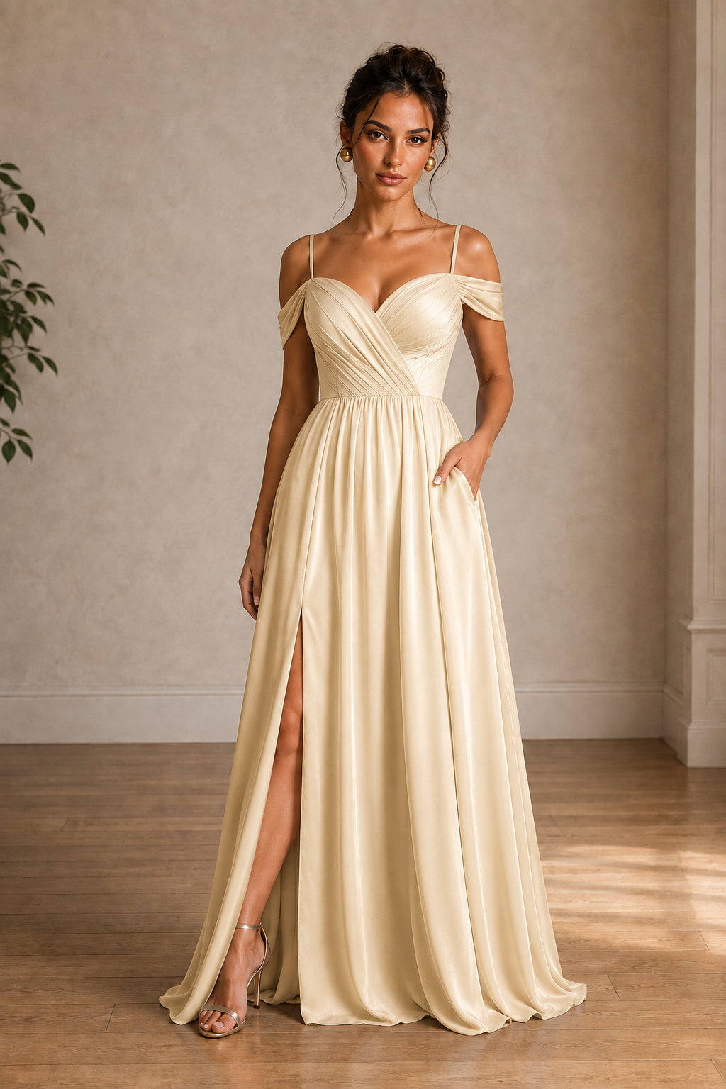 Off-Shoulder Ruched A-Line Evening Gown with Slit