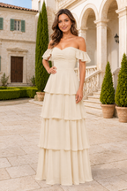 Ruffle-Sleeve Tiered Floor-Length Formal Gown