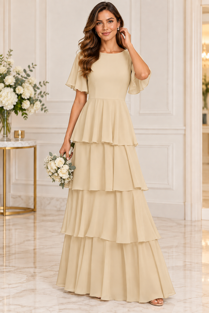 Flutter Sleeve Tiered Chiffon Formal Dress
