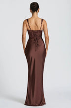 Chocolate brown gown, back view with lace-up bodice
