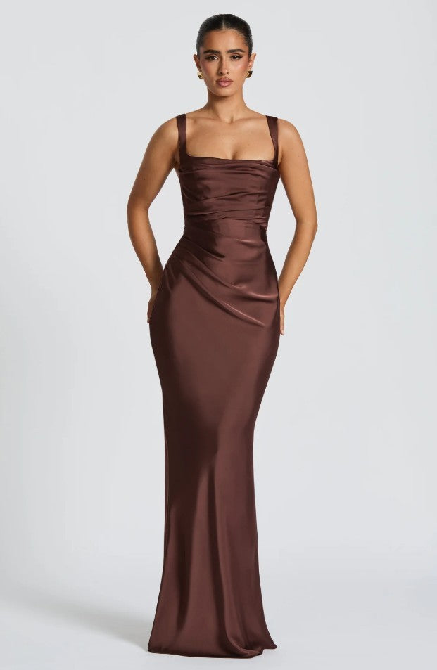 Chocolate brown square-neck ruched evening gown, front view