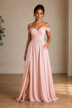 Off-Shoulder Ruched A-Line Evening Gown with Slit