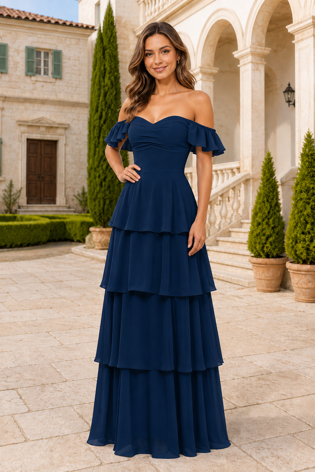 Ruffle-Sleeve Tiered Floor-Length Formal Gown