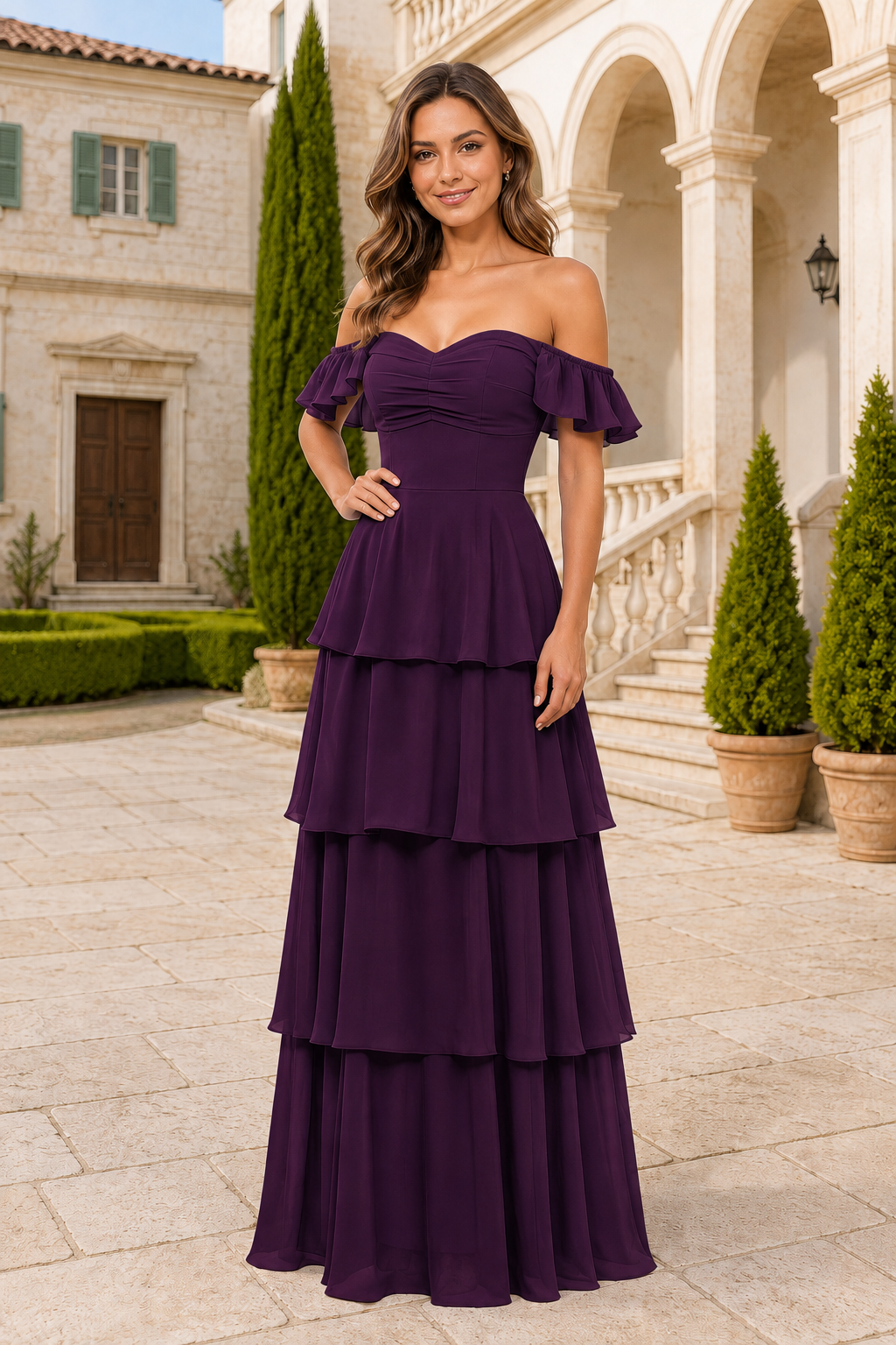 Ruffle-Sleeve Tiered Floor-Length Formal Gown