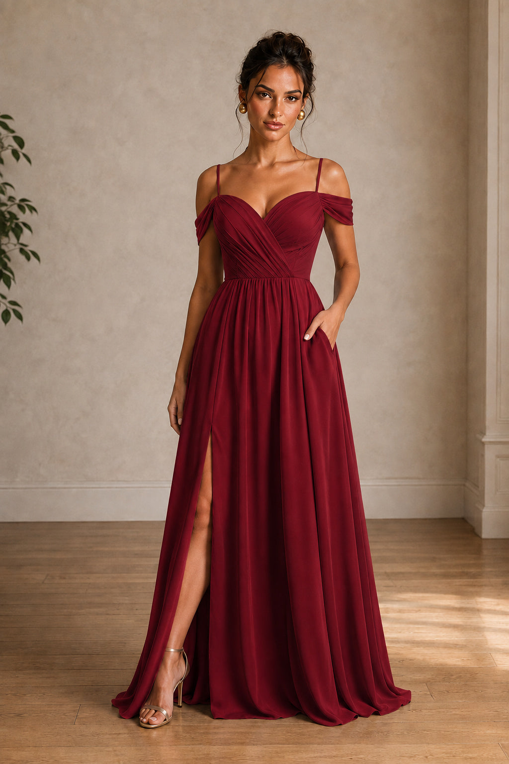 Off-Shoulder Ruched A-Line Evening Gown with Slit