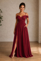 Off-Shoulder Ruched A-Line Evening Gown with Slit