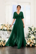 V-Neck Flutter Sleeve Ruched High-Slit Evening Gown