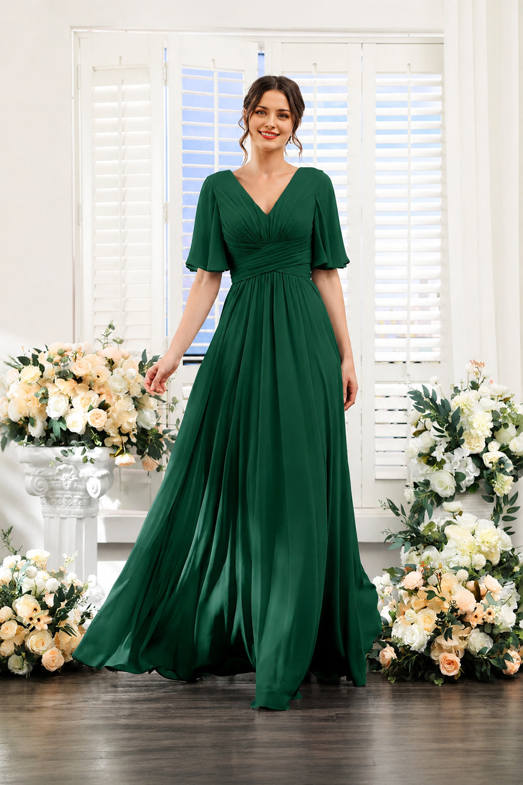 V-Neck Flutter Sleeve Ruched High-Slit Evening Gown