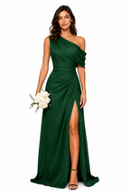 One-Shoulder Draped Ruched High-Slit Evening Gown