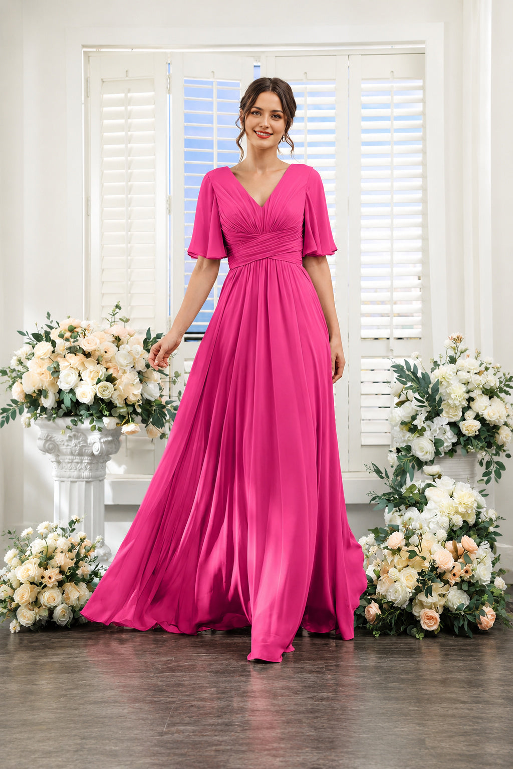 V-Neck Flutter Sleeve Ruched High-Slit Evening Gown