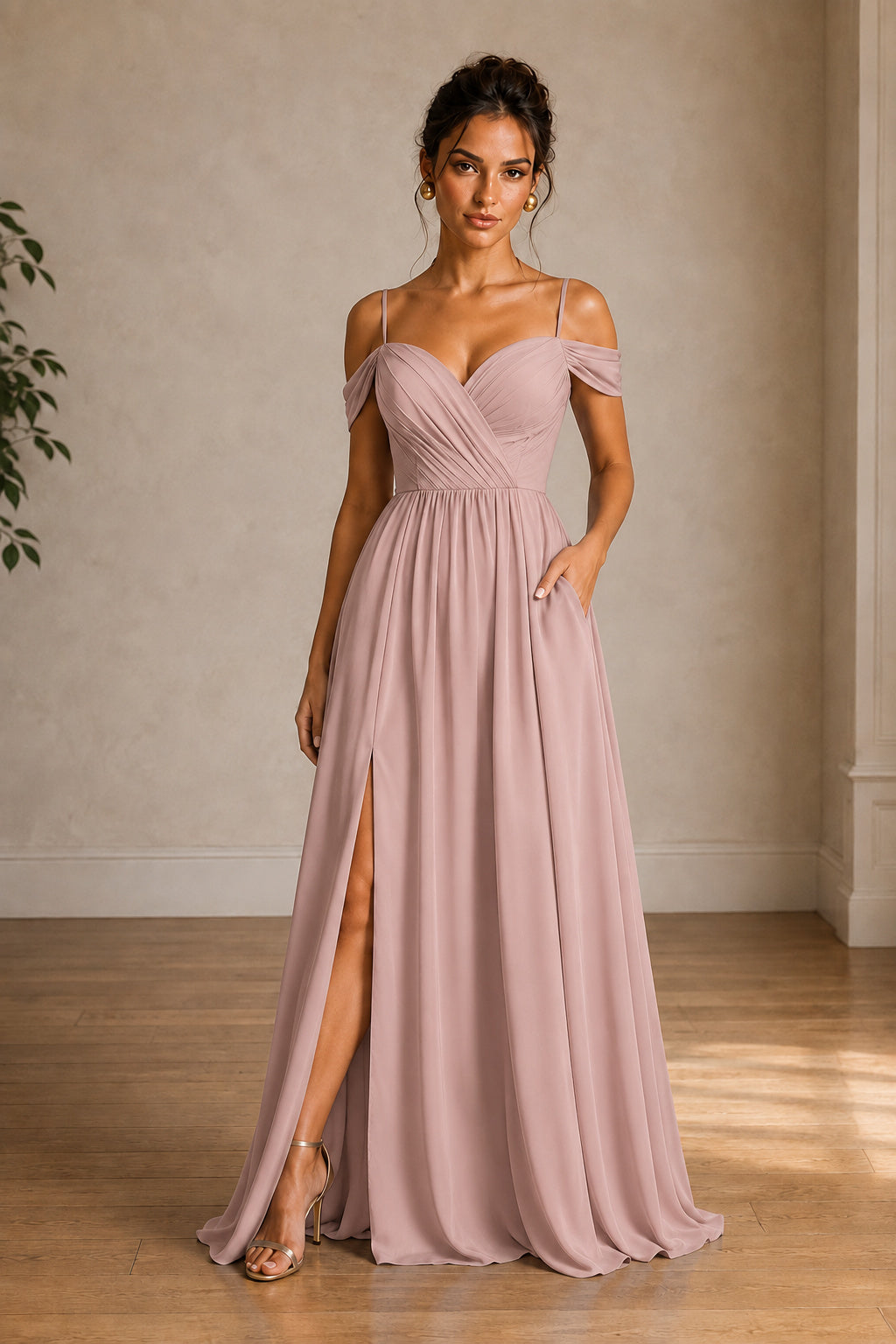 Off-Shoulder Ruched A-Line Evening Gown with Slit