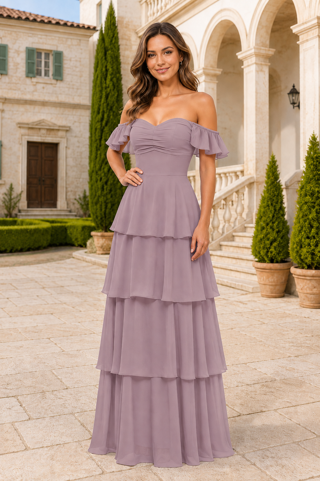 Ruffle-Sleeve Tiered Floor-Length Formal Gown