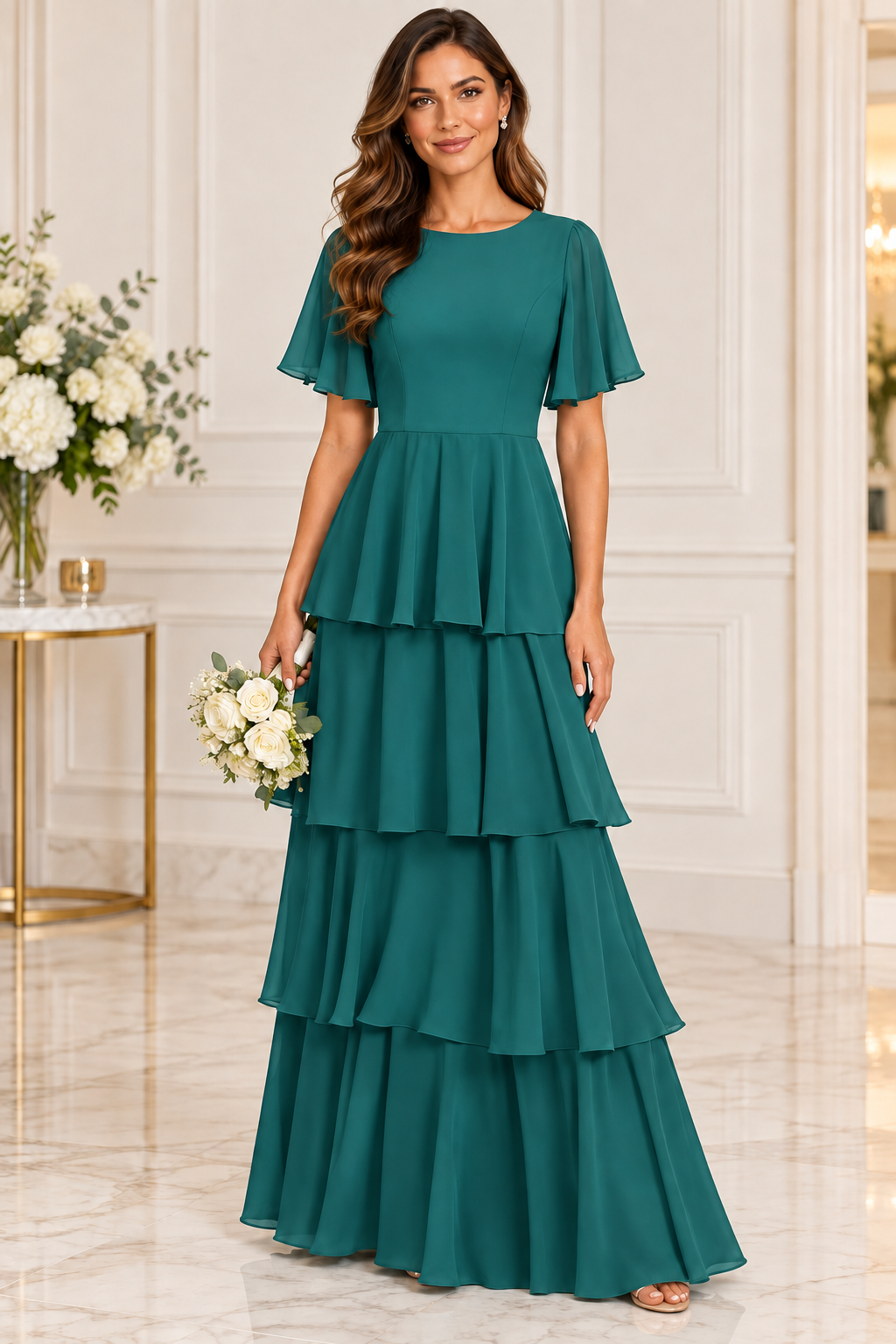 Flutter Sleeve Tiered Chiffon Formal Dress