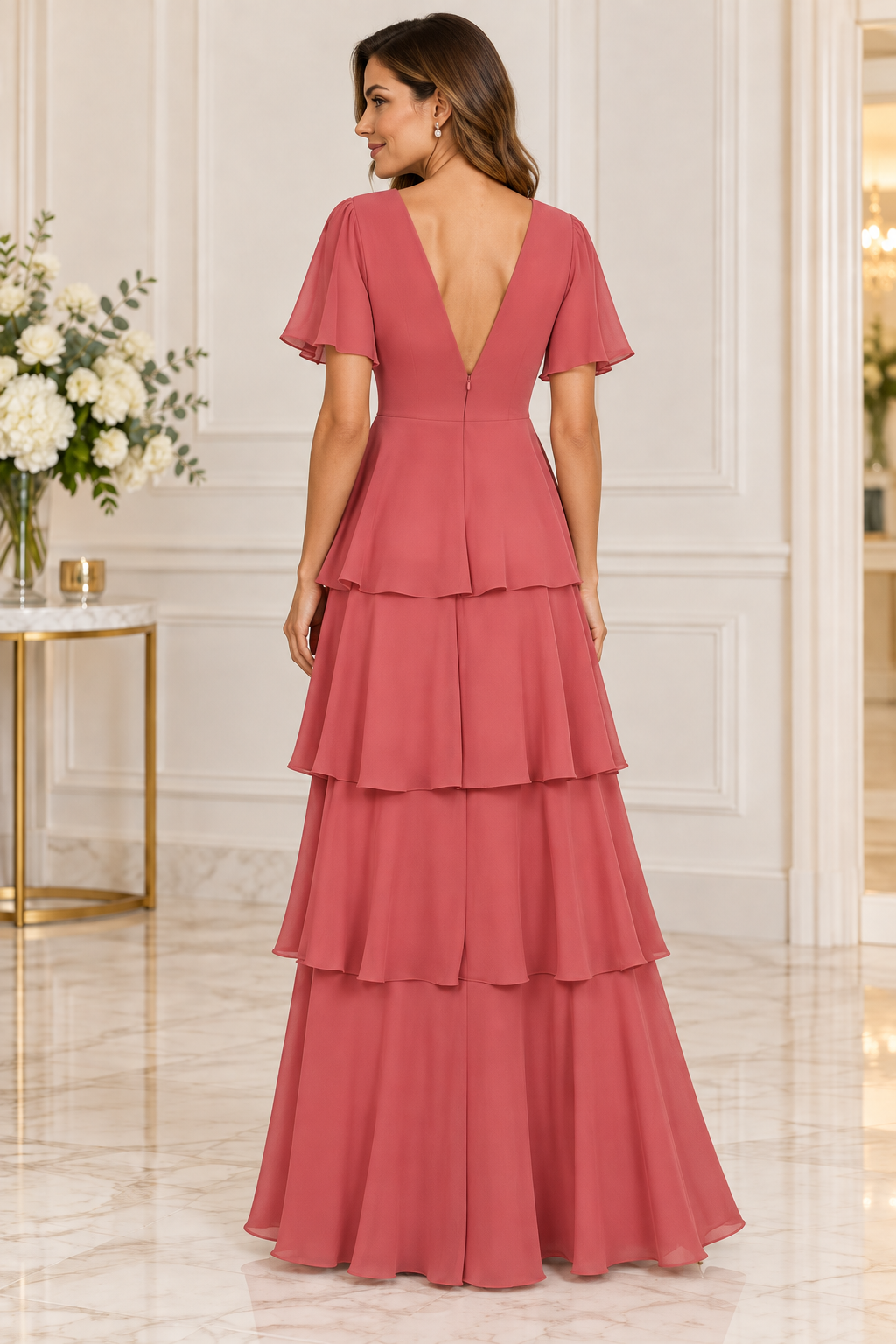 Flutter Sleeve Tiered Chiffon Formal Dress