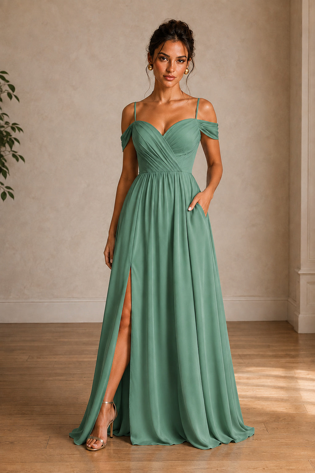 Off-Shoulder Ruched A-Line Evening Gown with Slit
