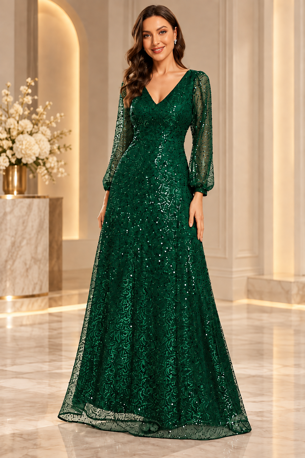 Emerald Green V-neck sequin A-line evening gown with sheer long sleeves