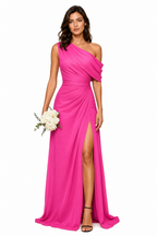 One-Shoulder Draped Ruched High-Slit Evening Gown