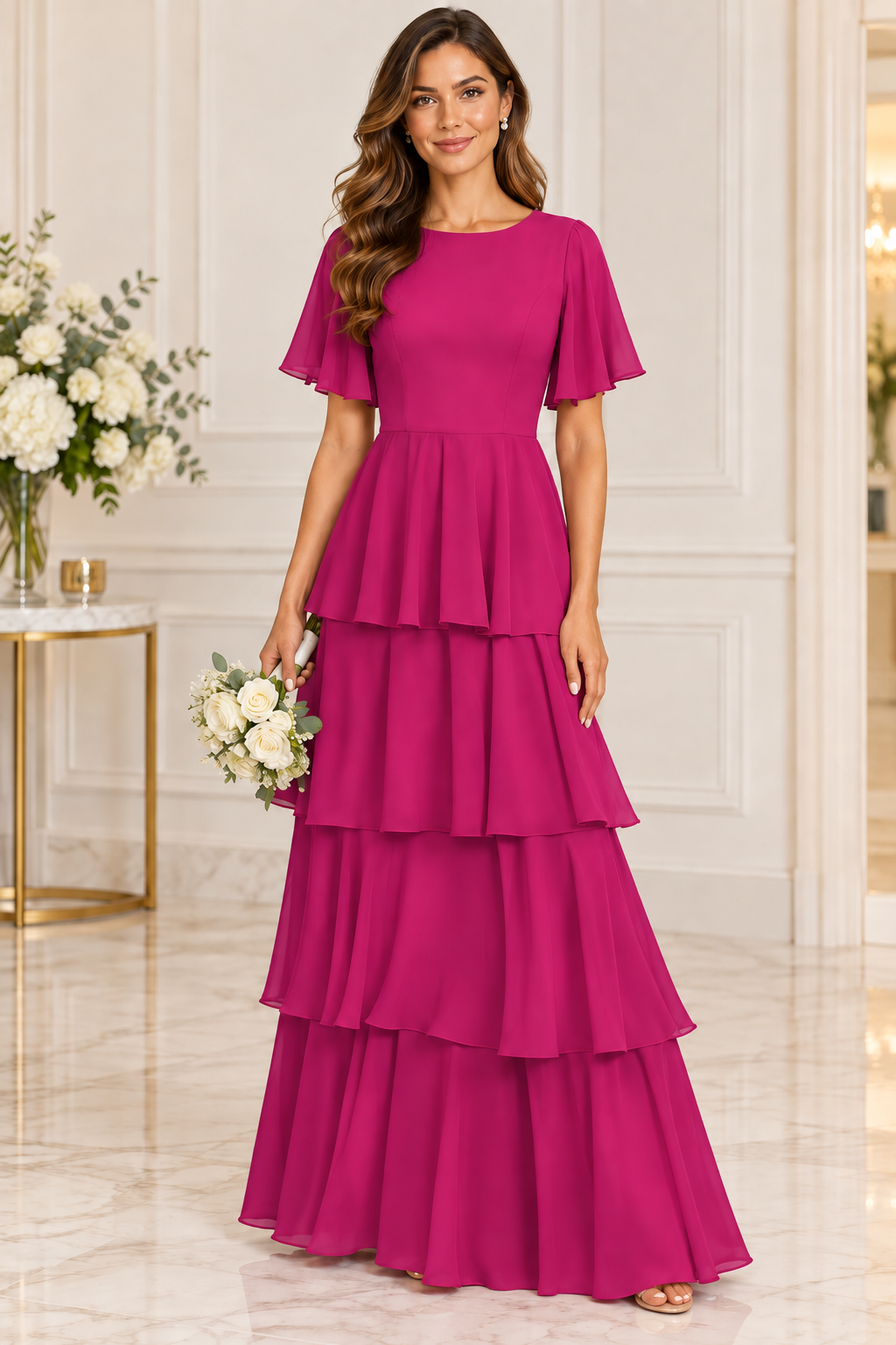 Flutter Sleeve Tiered Chiffon Formal Dress