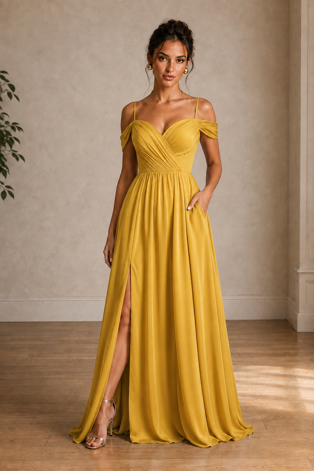 Off-Shoulder Ruched A-Line Evening Gown with Slit