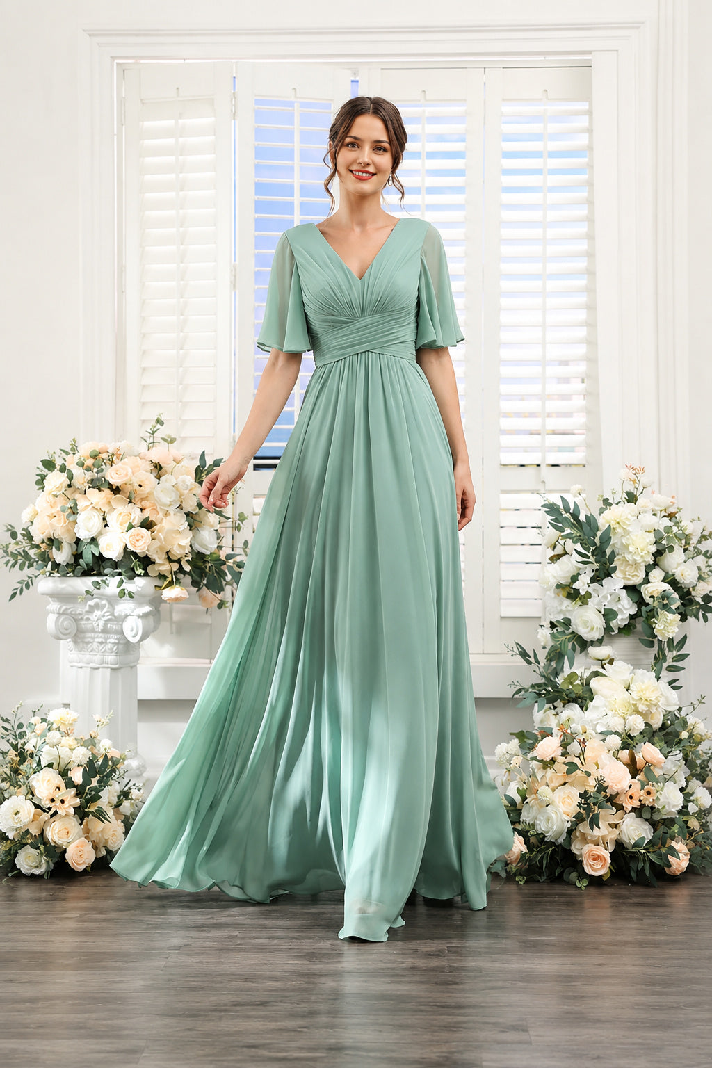 V-Neck Flutter Sleeve Ruched High-Slit Evening Gown