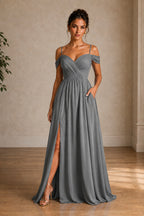 Off-Shoulder Ruched A-Line Evening Gown with Slit