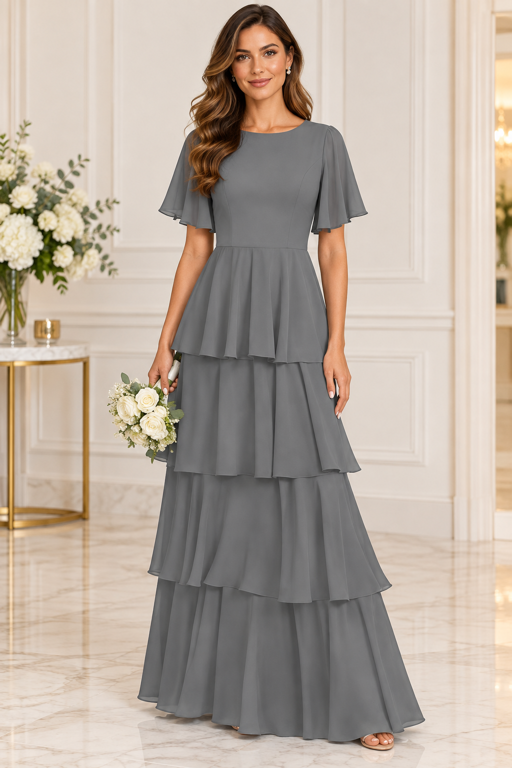 Flutter Sleeve Tiered Chiffon Formal Dress