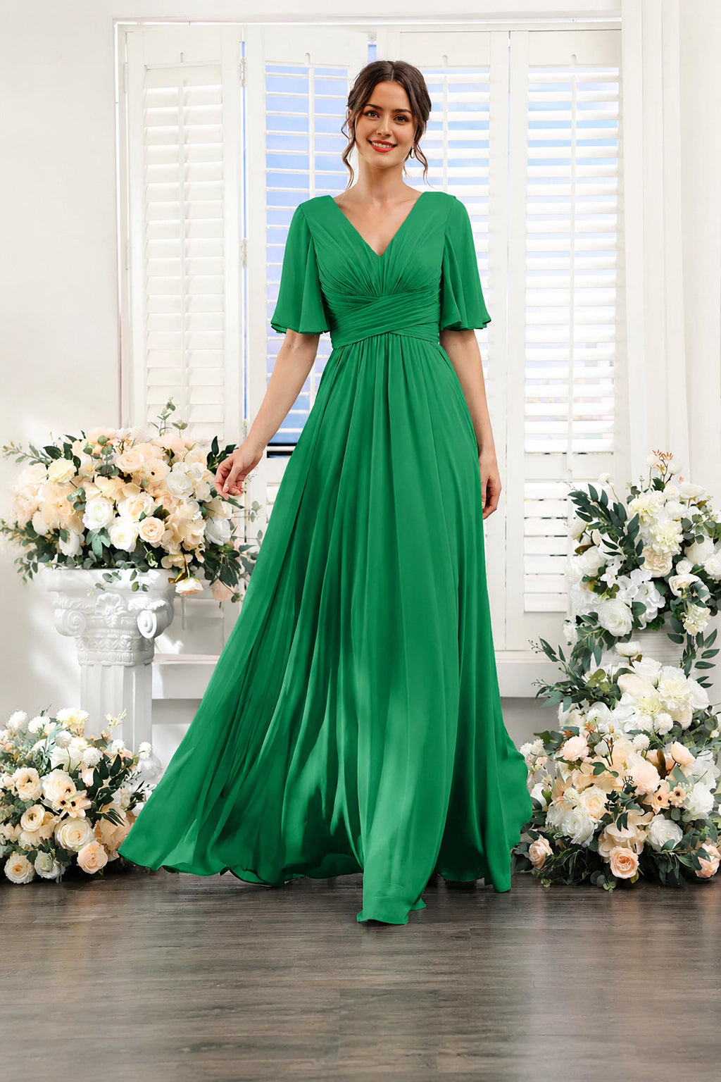 V-Neck Flutter Sleeve Ruched High-Slit Evening Gown