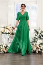 V-Neck Flutter Sleeve Ruched High-Slit Evening Gown