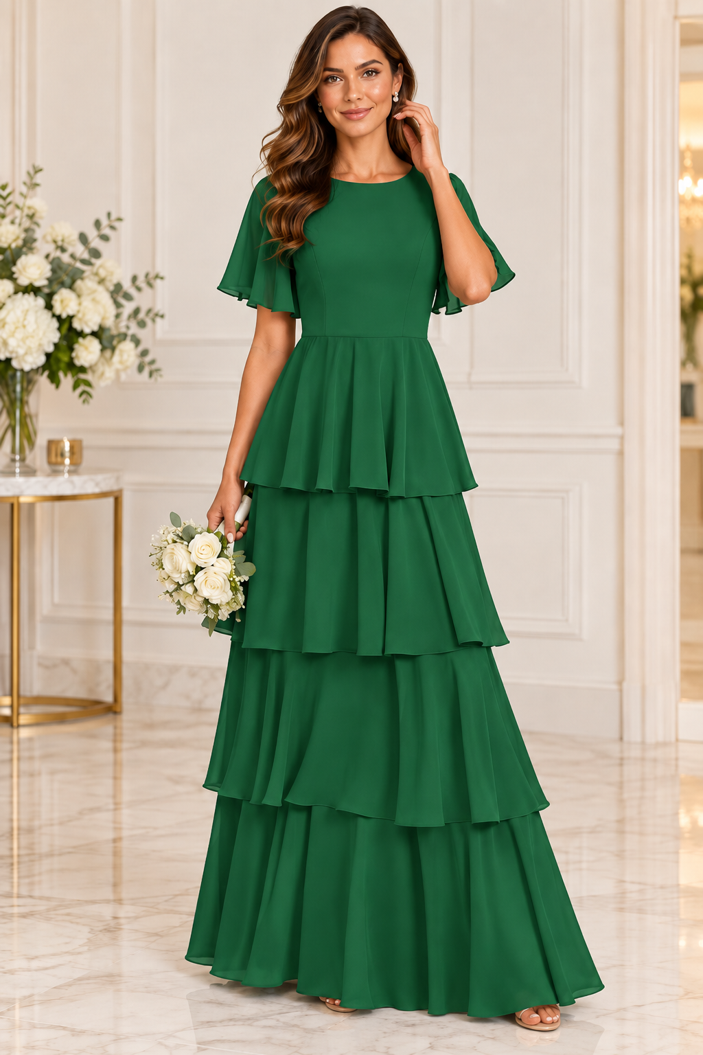 Flutter Sleeve Tiered Chiffon Formal Dress