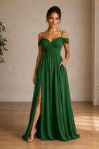 Off-Shoulder Ruched A-Line Evening Gown with Slit