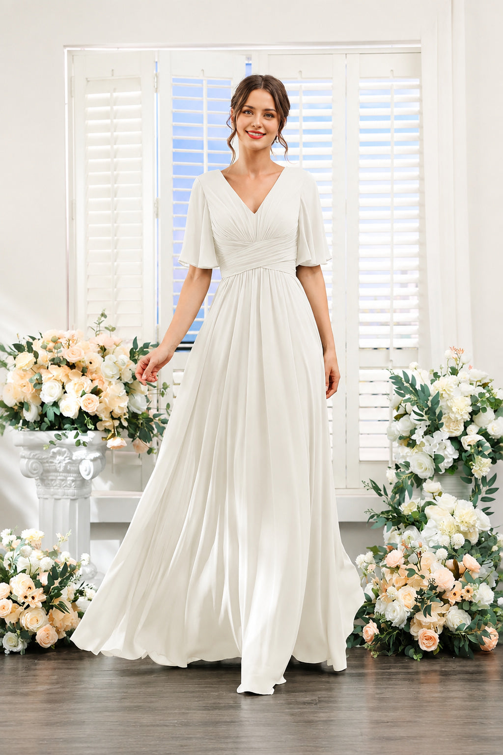 V-Neck Flutter Sleeve Ruched High-Slit Evening Gown