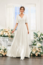V-Neck Flutter Sleeve Ruched High-Slit Evening Gown