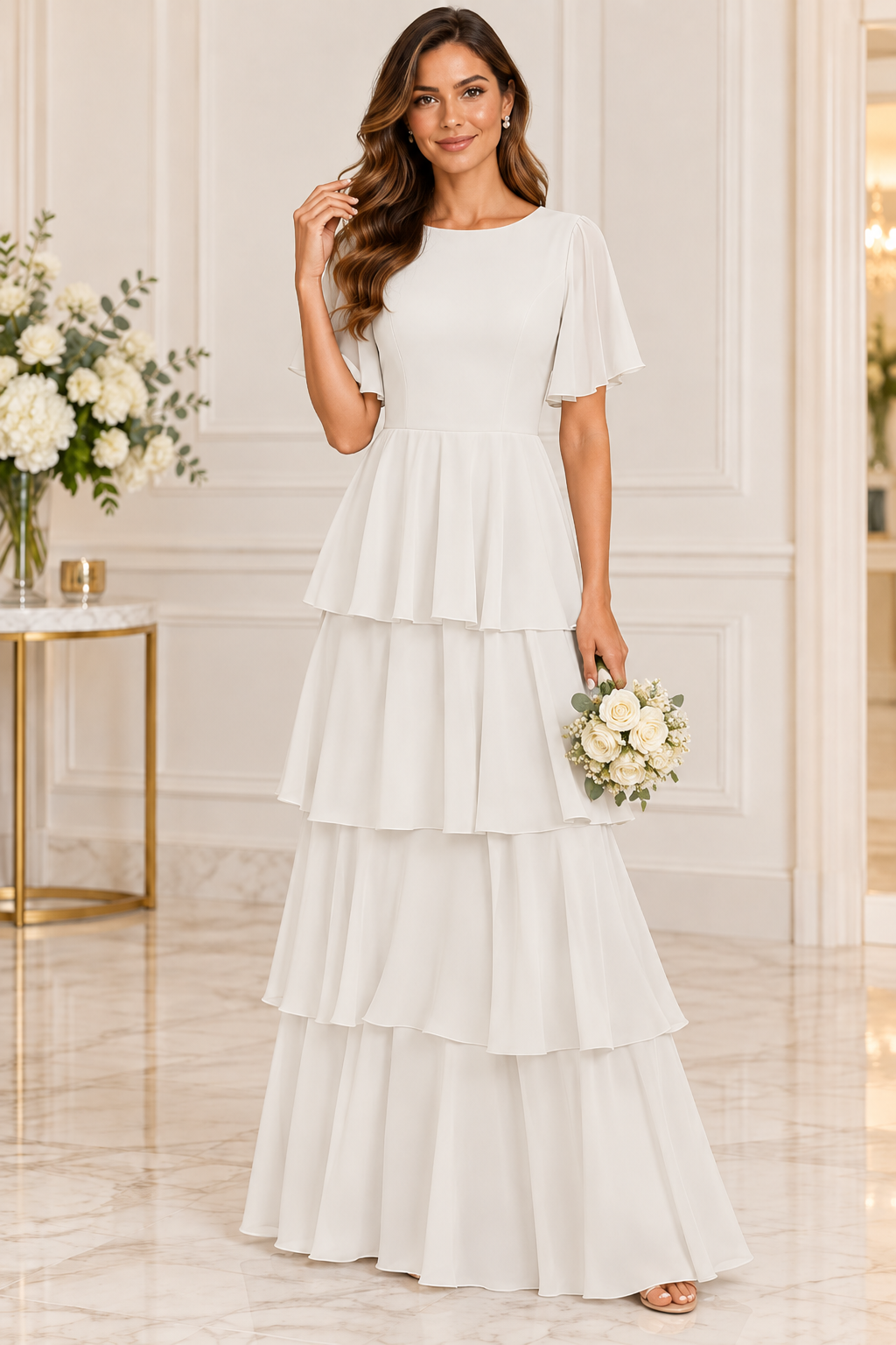 Flutter Sleeve Tiered Chiffon Formal Dress