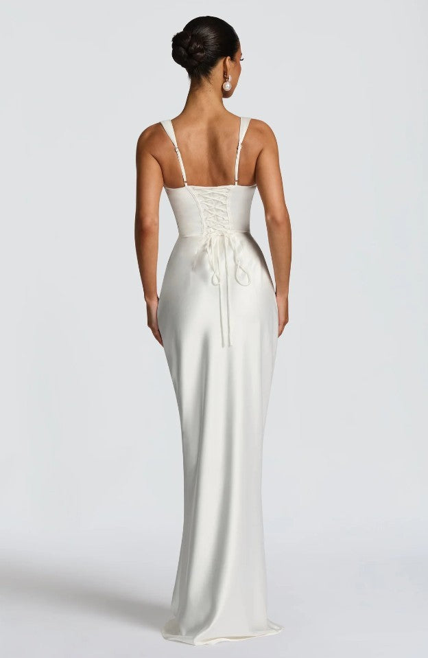 Ivory gown, back view with lace-up bodice