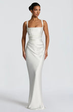 Ivory square-neck ruched evening gown, front view
