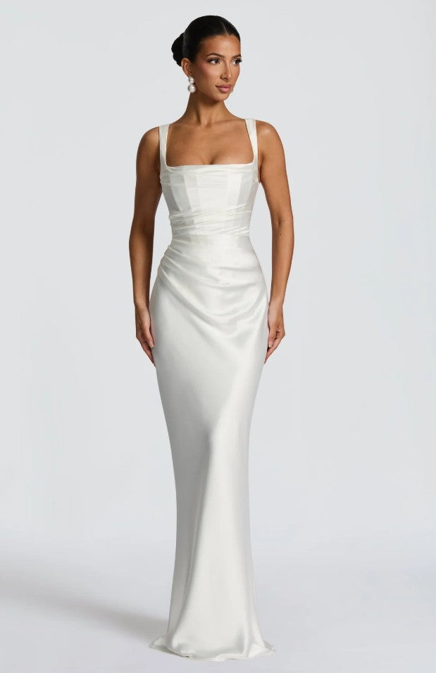 Ivory square-neck ruched evening gown, front view
