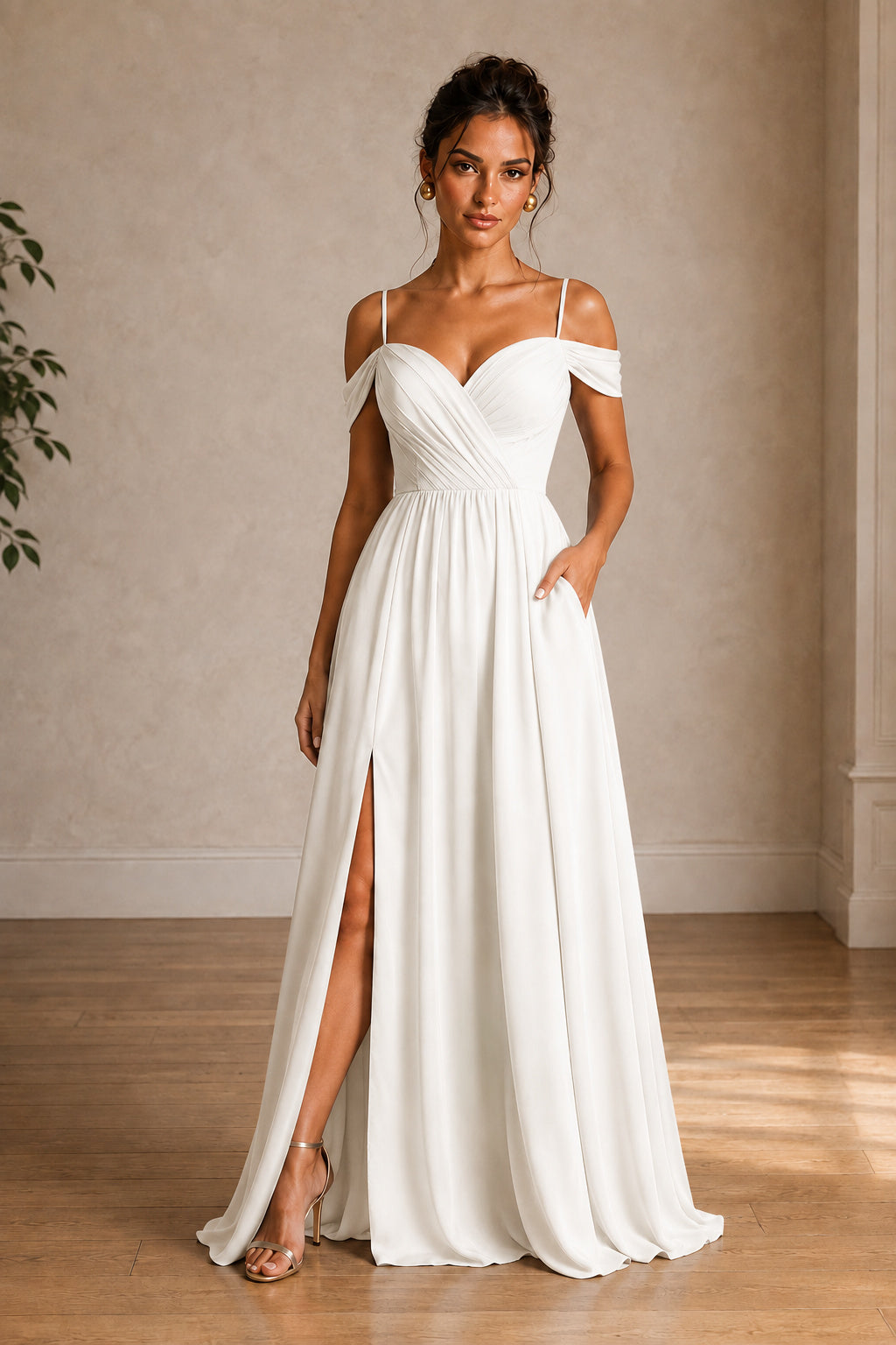 Off-Shoulder Ruched A-Line Evening Gown with Slit
