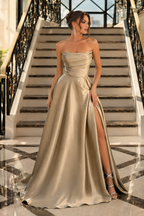 Strapless Ruched High-Slit A-Line Evening Gown