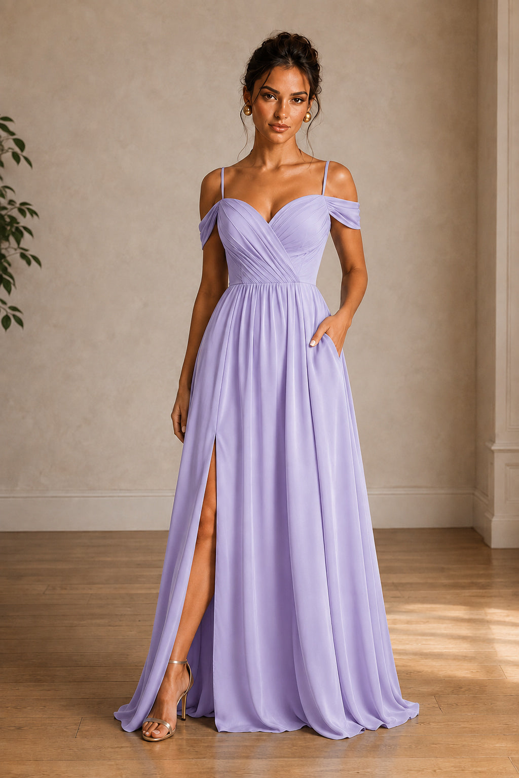 Off-Shoulder Ruched A-Line Evening Gown with Slit
