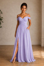Off-Shoulder Ruched A-Line Evening Gown with Slit