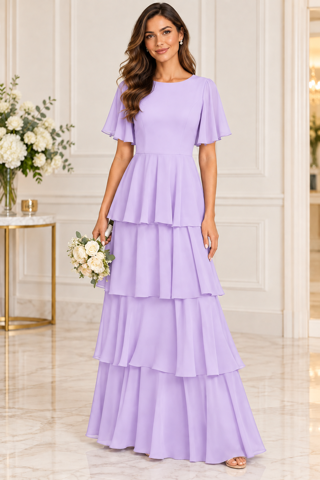 Flutter Sleeve Tiered Chiffon Formal Dress