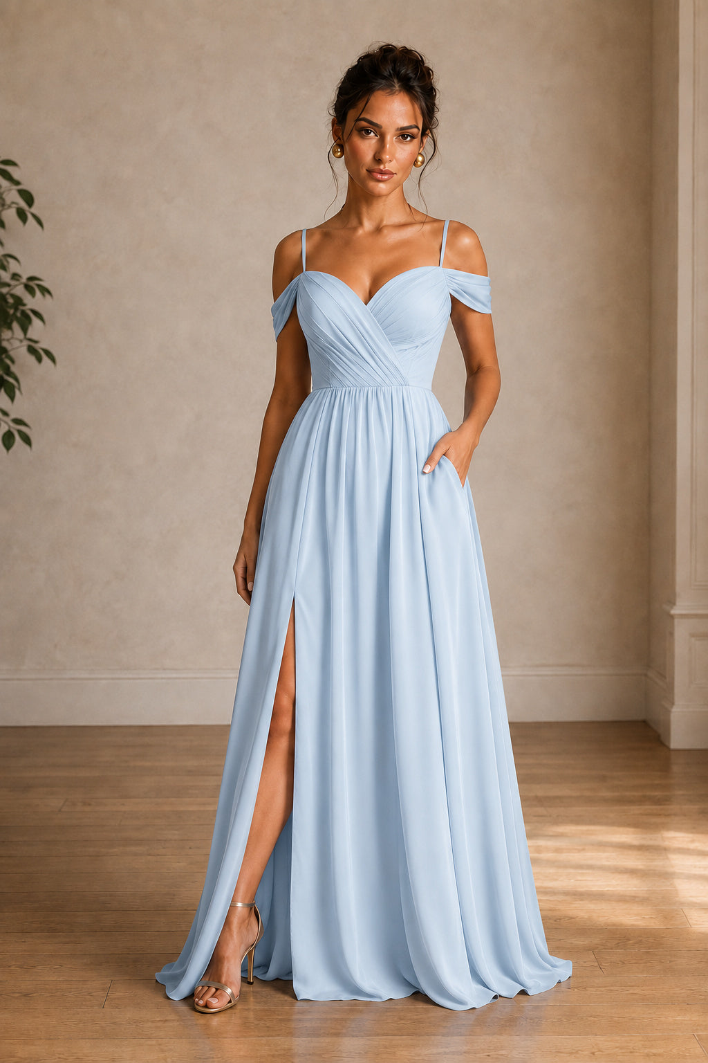 Off-Shoulder Ruched A-Line Evening Gown with Slit